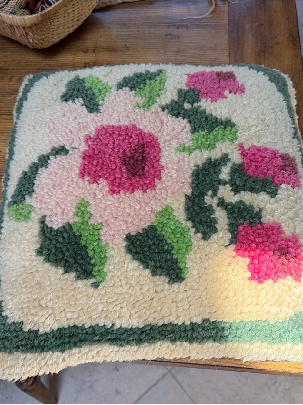 Retro MCM vintage latch hook rug flowers floral throw pillow puff velvet back